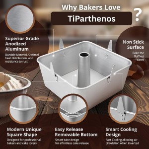 Square Tube Cake Pan, 28-Cup Capacity for 18-Cup Recipes, 10-Inch Anodized Aluminum Angel Food, Chiffon & Pound Cake Pan with Removable Bottom and Cooling Feet