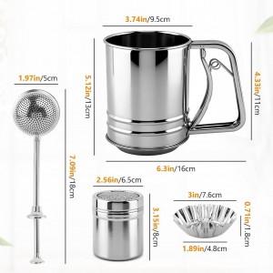 Flour Sifter, 4 in 1 Stainless Steel Baking Sifter with Powder Sugar Shaker Duster 3 Cup Double Layer Fine Mesh Sifter for Cakes, Pastries, Pies, Cupcakes and Desserts(COLOR:sliver)
