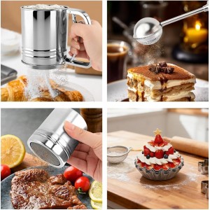 Flour Sifter, 4 in 1 Stainless Steel Baking Sifter with Powder Sugar Shaker Duster 3 Cup Double Layer Fine Mesh Sifter for Cakes, Pastries, Pies, Cupcakes and Desserts(COLOR:sliver)