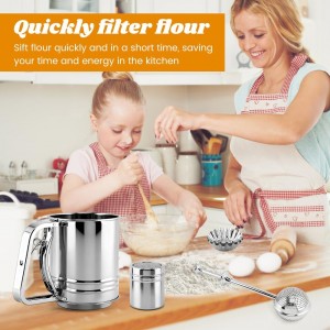 Flour Sifter, 4 in 1 Stainless Steel Baking Sifter with Powder Sugar Shaker Duster 3 Cup Double Layer Fine Mesh Sifter for Cakes, Pastries, Pies, Cupcakes and Desserts(COLOR:sliver)