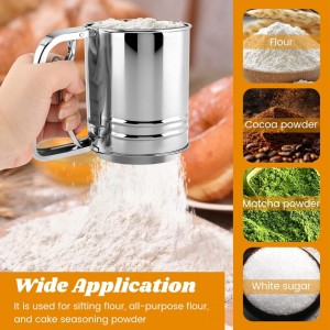 Flour Sifter, 4 in 1 Stainless Steel Baking Sifter with Powder Sugar Shaker Duster 3 Cup Double Layer Fine Mesh Sifter for Cakes, Pastries, Pies, Cupcakes and Desserts(COLOR:sliver)