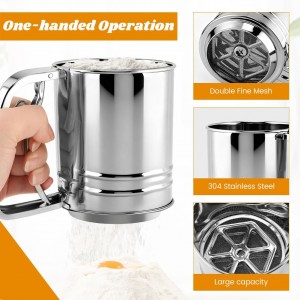 Flour Sifter, 4 in 1 Stainless Steel Baking Sifter with Powder Sugar Shaker Duster 3 Cup Double Layer Fine Mesh Sifter for Cakes, Pastries, Pies, Cupcakes and Desserts(COLOR:sliver)