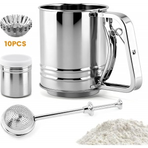 Flour Sifter, 4 in 1 Stainless Steel Baking Sifter with Powder Sugar Shaker Duster 3 Cup Double Layer Fine Mesh Sifter for Cakes, Pastries, Pies, Cupcakes and Desserts(COLOR:sliver)