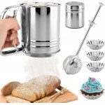 Flour Sifter, 4 in 1 Stainless Steel Baking Sifter with Powder Sugar Shaker Duster 3 Cup Double Layer Fine Mesh Sifter for Cakes, Pastries, Pies, Cupcakes and Desserts(COLOR:sliver)