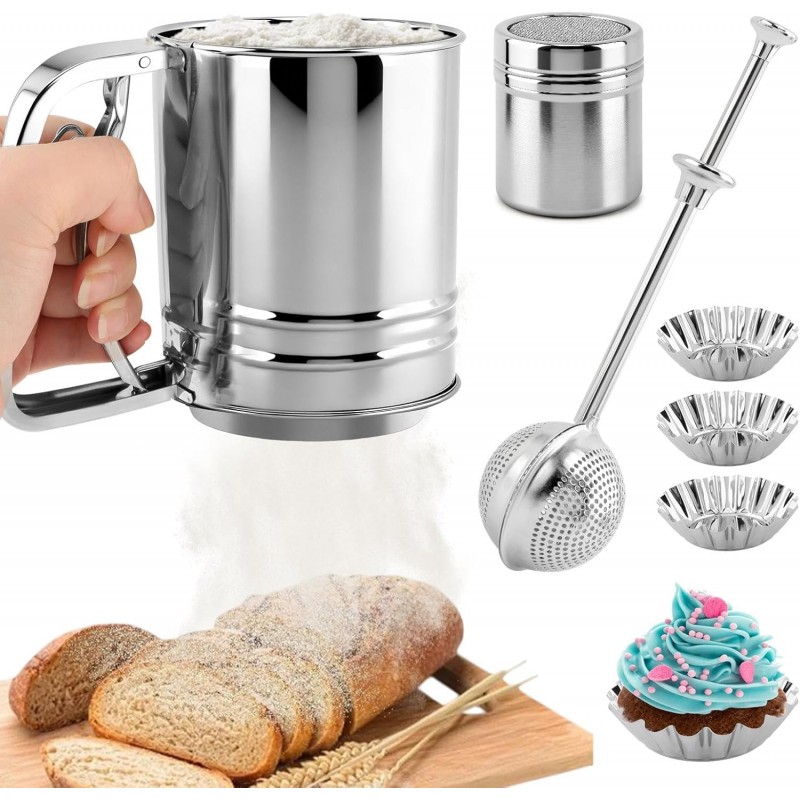 Flour Sifter, 4 in 1 Stainless Steel Baking Sifter with Powder Sugar Shaker Duster 3 Cup Double Layer Fine Mesh Sifter for Cakes, Pastries, Pies, Cupcakes and Desserts(COLOR:sliver)