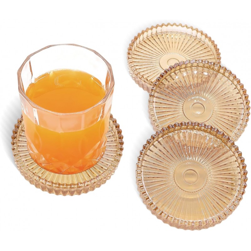 Round Modern Clear Coasters Set of 4, VIBRATITE 4 Inch Glass Cup Coaster Modern Crystal Coasters for Drinks Coffee Office Bar Kitchen Home Wedding Party Decor (Amber)