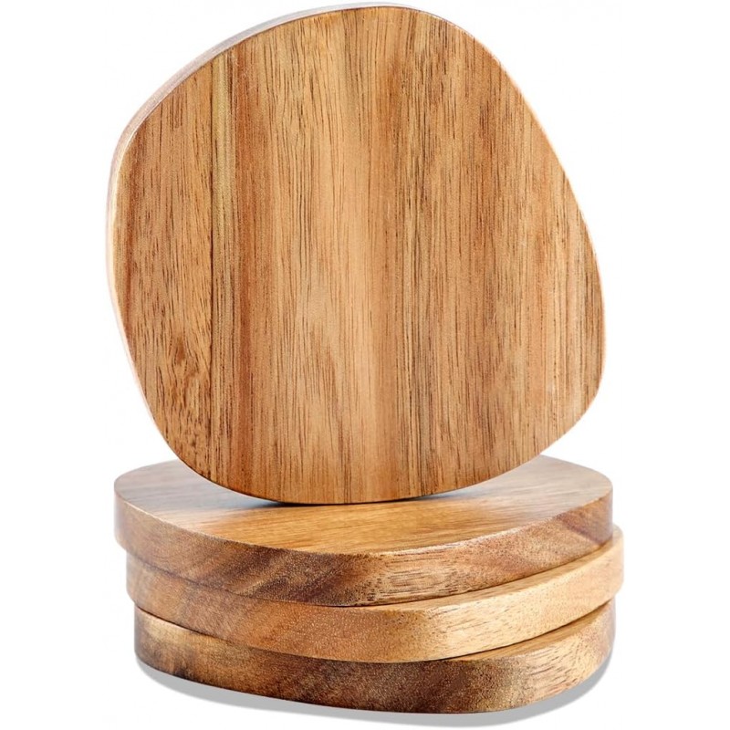 Acacia Wood Coasters Set of 4, 3.93 Inch Unique Shaped Non-Slip Wooden Coasters Without Holder for Wooden Coffee Table for Cups, Mugs, and Glasses