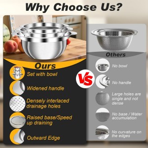 Colander, Stainless Steel Colander with Mixing Bowls (3.5QT), 3Pcs Strainer for Kitchen Gadget Food Strainer Basket with Handle, Colanders Bowl for Pasta Noodles Spaghetti Vegetables Fruit (3.5+3+2QT)