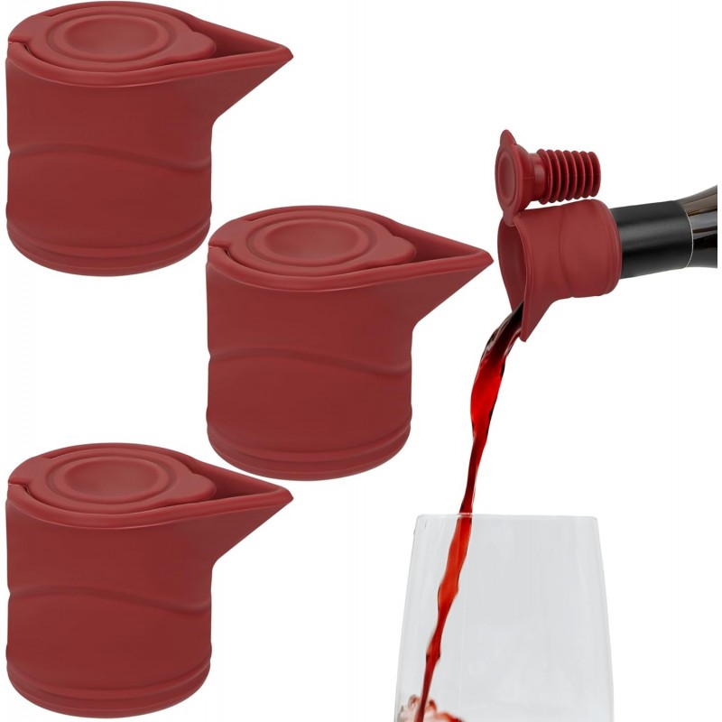 Wine Stopper And Pourer, Sealing Plug Can Be Fixed On The Flow Guide Nozzle for Preserve Freshness(3Pcs Red)