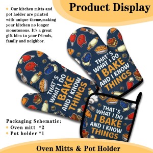 Funny Baking Oven Mitts and Pot Holders Set of 3, That's What I Do I Bake and I Know Things, Heat Resistant Non-Slip Kitchen Mitts Hot Pads, Christmas Baking Gifts for Women Mom Wife Baker