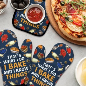 Funny Baking Oven Mitts and Pot Holders Set of 3, That's What I Do I Bake and I Know Things, Heat Resistant Non-Slip Kitchen Mitts Hot Pads, Christmas Baking Gifts for Women Mom Wife Baker