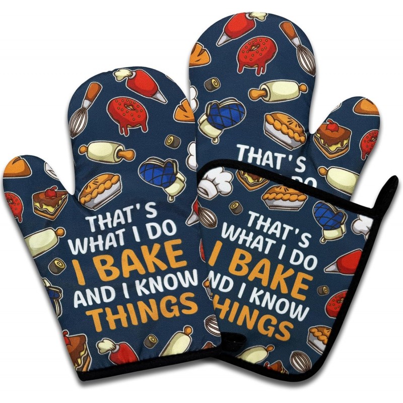 Funny Baking Oven Mitts and Pot Holders Set of 3, That's What I Do I Bake and I Know Things, Heat Resistant Non-Slip Kitchen Mitts Hot Pads, Christmas Baking Gifts for Women Mom Wife Baker