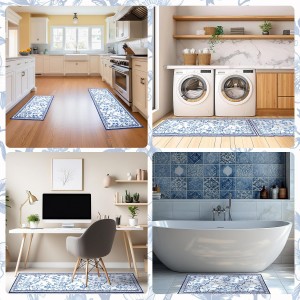 2 Pcs Blue and White Chinoiserie Kitchen Mat Floral Rugs Washable Cute Aesthetic Soft Mats Non-Slip for Kitchen Party Seasonal Home Entrance Decor