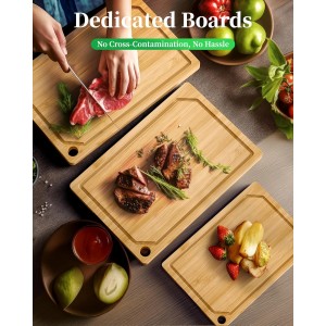 Kitchen Cutting Board Set - 3-Piece Wooden Cutting Boards for Kitchen with Juice Groove, Handles, Hang Holes, Stylish Kitchen Essentials for Chpping & Serving, Natural, 0.4"Th - (L+M+S)