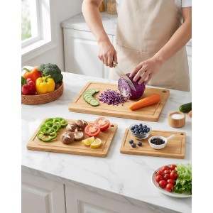 Kitchen Cutting Board Set - 3-Piece Wooden Cutting Boards for Kitchen with Juice Groove, Handles, Hang Holes, Stylish Kitchen Essentials for Chpping & Serving, Natural, 0.4"Th - (L+M+S)