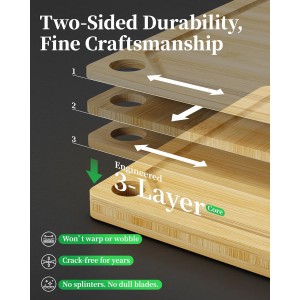 Kitchen Cutting Board Set - 3-Piece Wooden Cutting Boards for Kitchen with Juice Groove, Handles, Hang Holes, Stylish Kitchen Essentials for Chpping & Serving, Natural, 0.4"Th - (L+M+S)