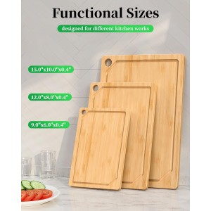 Kitchen Cutting Board Set - 3-Piece Wooden Cutting Boards for Kitchen with Juice Groove, Handles, Hang Holes, Stylish Kitchen Essentials for Chpping & Serving, Natural, 0.4"Th - (L+M+S)