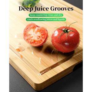 Kitchen Cutting Board Set - 3-Piece Wooden Cutting Boards for Kitchen with Juice Groove, Handles, Hang Holes, Stylish Kitchen Essentials for Chpping & Serving, Natural, 0.4"Th - (L+M+S)