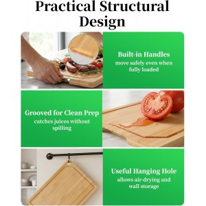 Kitchen Cutting Board Set - 3-Piece Wooden Cutting Boards for Kitchen with Juice Groove, Handles, Hang Holes, Stylish Kitchen Essentials for Chpping & Serving, Natural, 0.4"Th - (L+M+S)