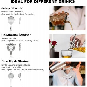 3-IN-1 Cocktail Strainer Set, Includes Julep, Hawthorne, Fine Mesh Strainer, Food Grade 304 Stainless Steel, Complete Set Covering All Cocktail Straining Techniques, Essential Home Bar Tools