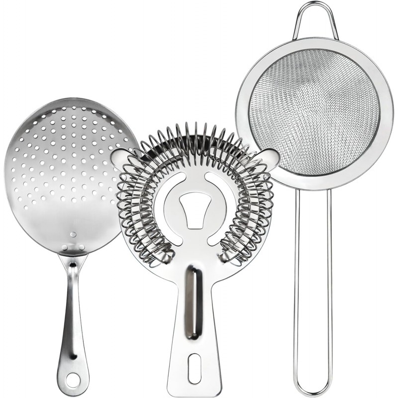 3-IN-1 Cocktail Strainer Set, Includes Julep, Hawthorne, Fine Mesh Strainer, Food Grade 304 Stainless Steel, Complete Set Covering All Cocktail Straining Techniques, Essential Home Bar Tools