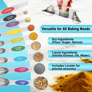 Magnetic Measuring Spoons Set of 9 with Leveler, Color-Coded Dual Sided Stainless Steel Measuring Spoon Set, Stackable Teaspoon and Tablespoon Set for Baking, Cooking, Kitchen Gadgets Dishwasher Safe