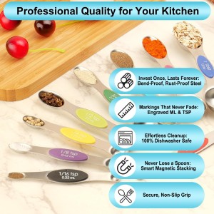 Magnetic Measuring Spoons Set of 9 with Leveler, Color-Coded Dual Sided Stainless Steel Measuring Spoon Set, Stackable Teaspoon and Tablespoon Set for Baking, Cooking, Kitchen Gadgets Dishwasher Safe