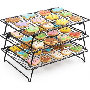 3PCS Stackable Cooling Rack for Baking, 13.3 x 9.3 Inch Carbon Steel Wire Rack with Folding Legs for Cookie Cake Pizza Jerky, Multi-Use Bread Oven Racks for Cooking Roasting Drying Grilling