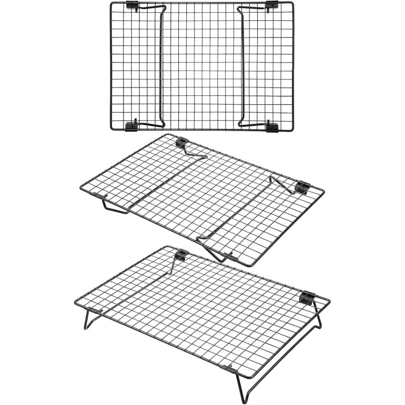 3PCS Stackable Cooling Rack for Baking, 13.3 x 9.3 Inch Carbon Steel Wire Rack with Folding Legs for Cookie Cake Pizza Jerky, Multi-Use Bread Oven Racks for Cooking Roasting Drying Grilling
