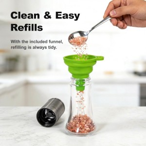 Aelga Salt and Pepper Grinder Set with Silicone Funnel - 4oz Glass Manual Mills with Adjustable Ceramic Core, Refillable Kitchen Gadgets, Modern Tabletop Gift Set