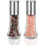Aelga Salt and Pepper Grinder Set with Silicone Funnel - 4oz Glass Manual Mills with Adjustable Ceramic Core, Refillable Kitchen Gadgets, Modern Tabletop Gift Set