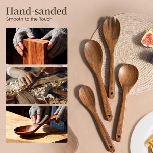 Kikcoin Wood Kitchen Utensils Set, 10 PCS Solid Teak Wooden Spoons for Cooking with Long Handle Heat-Resistant Wooden Cooking Utensils Set for Non-stick Cookware Including Hanging Hole