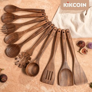 Kikcoin Wood Kitchen Utensils Set, 10 PCS Solid Teak Wooden Spoons for Cooking with Long Handle Heat-Resistant Wooden Cooking Utensils Set for Non-stick Cookware Including Hanging Hole