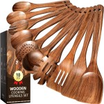Kikcoin Wood Kitchen Utensils Set, 10 PCS Solid Teak Wooden Spoons for Cooking with Long Handle Heat-Resistant Wooden Cooking Utensils Set for Non-stick Cookware Including Hanging Hole