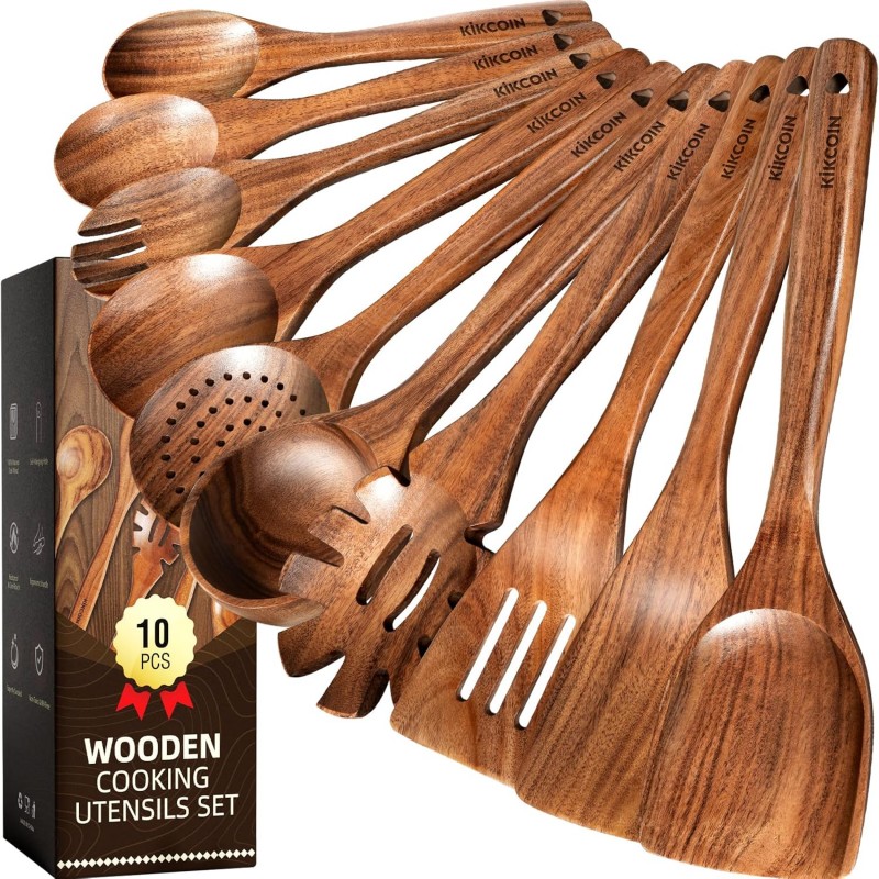 Kikcoin Wood Kitchen Utensils Set, 10 PCS Solid Teak Wooden Spoons for Cooking with Long Handle Heat-Resistant Wooden Cooking Utensils Set for Non-stick Cookware Including Hanging Hole