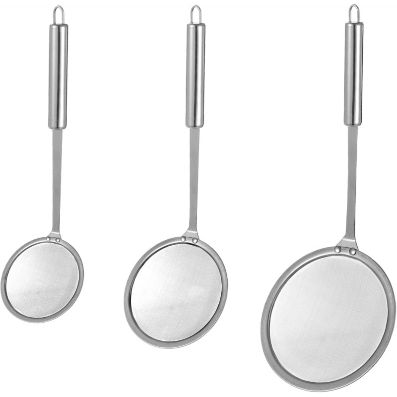 3 Pcs Fine Mesh Skimmer Spoons - Stainless Steel Hot Pot Fat Strainer for Oil Filter Skimming, Grease and Foam Removal, Multi-Functional Kitchen Cooking Mesh Strainer Ladle Set, 3 Sizes