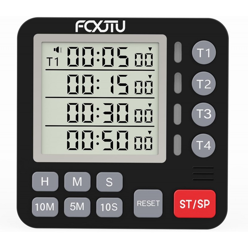 FCXJTU Digital Dual Kitchen Timer, 4-Channel Magnetic Countdown Timer for Cooking, On/Off, Large Display Multi Food Loud Alarm Silent for Classroom Seniors Battery Included (Black)