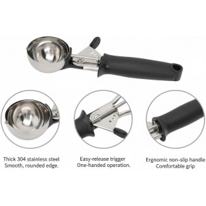 Stainless Steel Ice Cream Scoop with Trigger, 4.5 oz (130ml) Cookie & Dough Scooper, Black Ergonomic Handle for Easy Scooping and Release