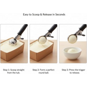 Stainless Steel Ice Cream Scoop with Trigger, 4.5 oz (130ml) Cookie & Dough Scooper, Black Ergonomic Handle for Easy Scooping and Release