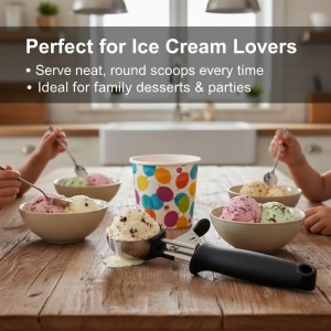 Stainless Steel Ice Cream Scoop with Trigger, 4.5 oz (130ml) Cookie & Dough Scooper, Black Ergonomic Handle for Easy Scooping and Release