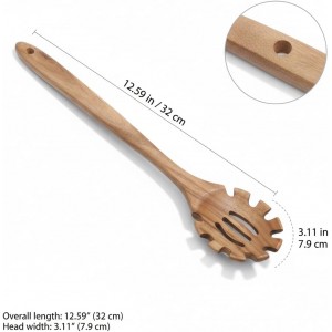 Wooden Pasta Spoon with Teeth, 12.5 Inch Spaghetti Fork Server Utensil for Cooking Serving Collecting, Durable Acacia Wood Noodle Strainer Spoon, Kitchen Tool for Pasta Eggs and Sauces