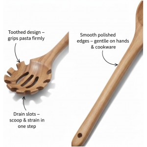 Wooden Pasta Spoon with Teeth, 12.5 Inch Spaghetti Fork Server Utensil for Cooking Serving Collecting, Durable Acacia Wood Noodle Strainer Spoon, Kitchen Tool for Pasta Eggs and Sauces