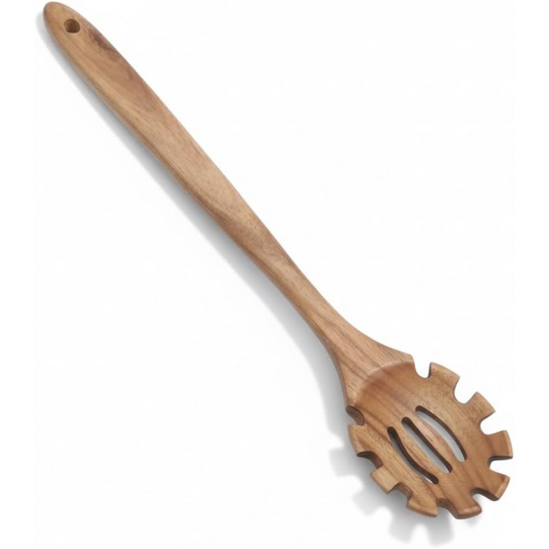 Wooden Pasta Spoon with Teeth, 12.5 Inch Spaghetti Fork Server Utensil for Cooking Serving Collecting, Durable Acacia Wood Noodle Strainer Spoon, Kitchen Tool for Pasta Eggs and Sauces