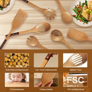 Wooden Spoons Set 7-Piece, Two-Tone Walnut & Beech Utensils, Elegant Non-Stick Kitchen Tools, Heat Resistant Cooking Gift Set with Pasta Spoon & Skimmer