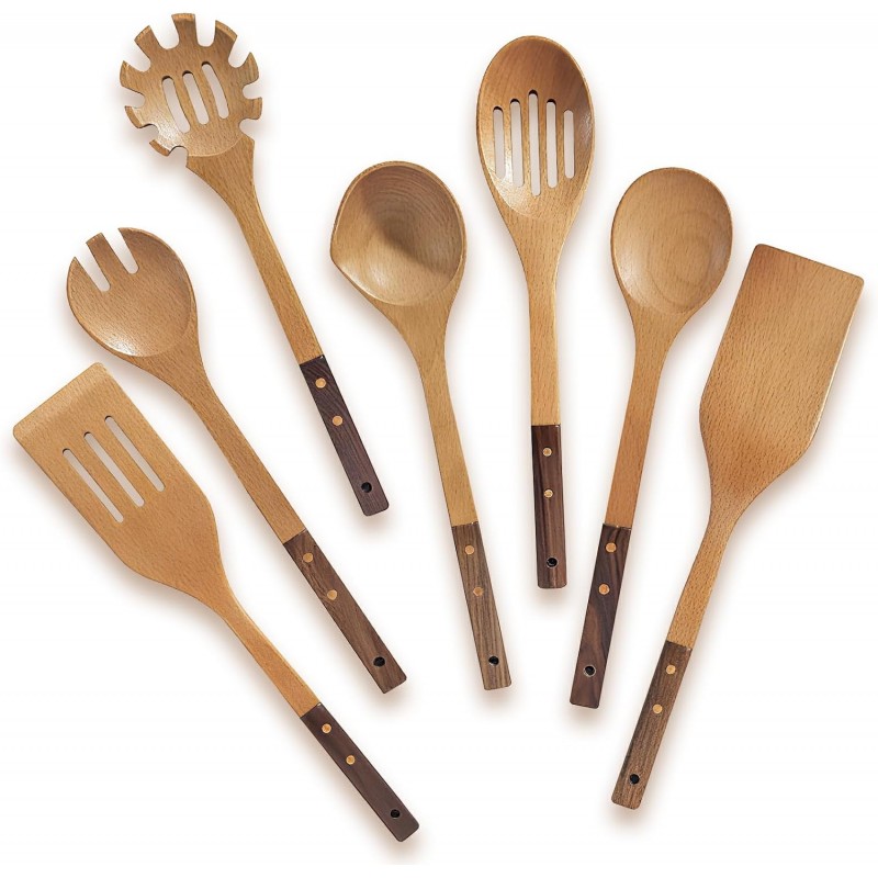 Wooden Spoons Set 7-Piece, Two-Tone Walnut & Beech Utensils, Elegant Non-Stick Kitchen Tools, Heat Resistant Cooking Gift Set with Pasta Spoon & Skimmer