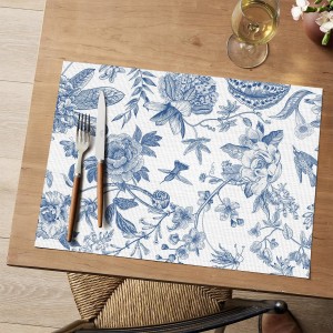 Artoid Mode Blue Floral Brids Spring Vinyl Placemats Set of 4, Washable Heat Resistant Non-Slip Woven Plastic PVC Place Mats for Farmhouse Holiday Party Dining Table Decor