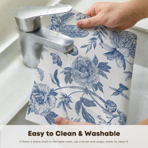 Artoid Mode Blue Floral Brids Spring Vinyl Placemats Set of 4, Washable Heat Resistant Non-Slip Woven Plastic PVC Place Mats for Farmhouse Holiday Party Dining Table Decor