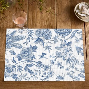 Artoid Mode Blue Floral Brids Spring Vinyl Placemats Set of 4, Washable Heat Resistant Non-Slip Woven Plastic PVC Place Mats for Farmhouse Holiday Party Dining Table Decor