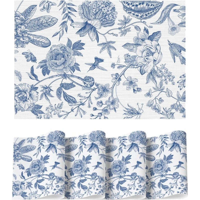 Artoid Mode Blue Floral Brids Spring Vinyl Placemats Set of 4, Washable Heat Resistant Non-Slip Woven Plastic PVC Place Mats for Farmhouse Holiday Party Dining Table Decor