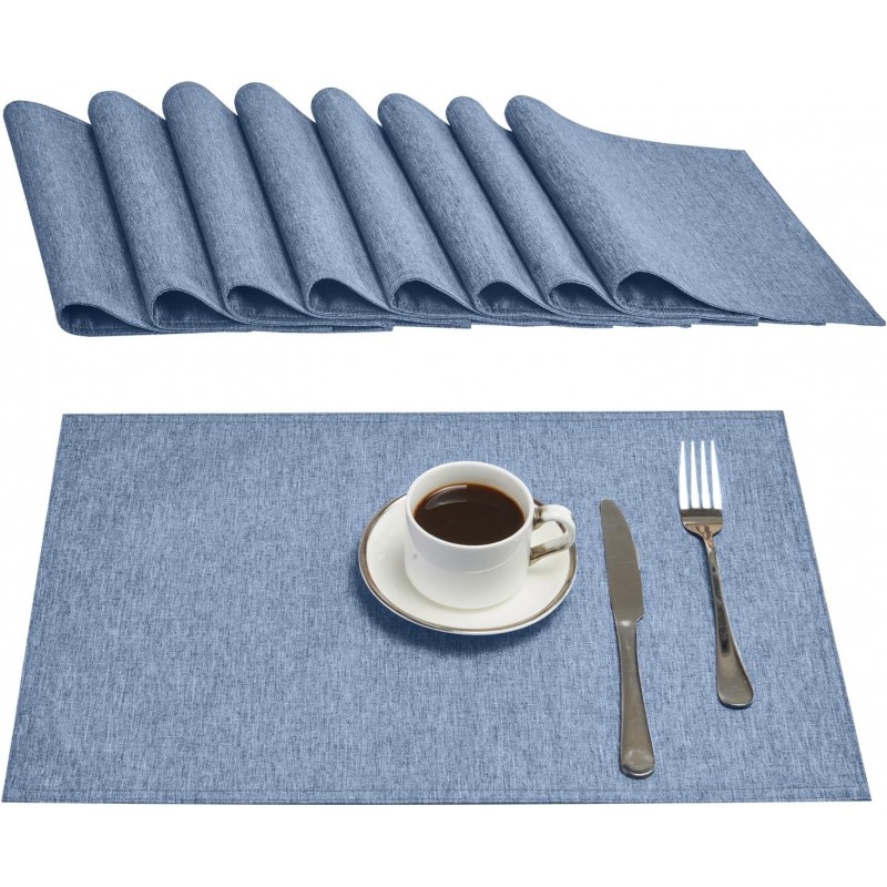 Cloth Place Mats Set of 8–Reusable Rectangular Waterproof Fabric Polyester Washable Wipeable Heat Resistant Linen for Kitchen Dining Dinner Restaurant Wedding Table(Denim blue/13x19 Inch)